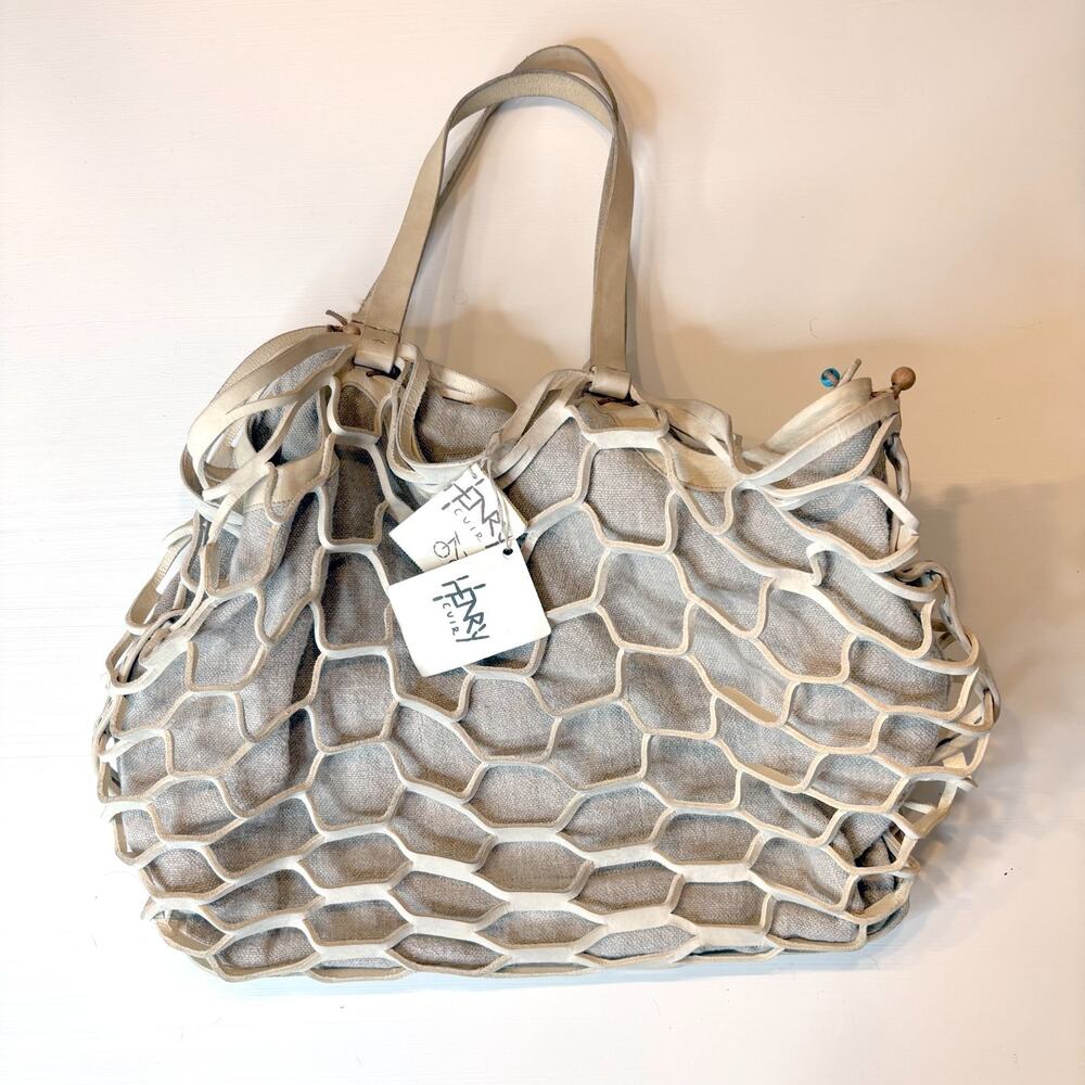 Henry Cuir Bag Persil Dingo Large Tote Beige Leather Net Overlay Italy Handmade